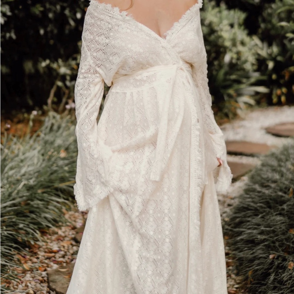 Off-Shoulder Ivory Lace Maxi Dress with Tie Waist